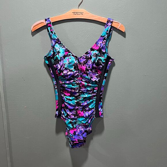 Maxine of Hollywood Floral One Piece Swimsuit Purple Turquoise Pink - Picture 1 of 5